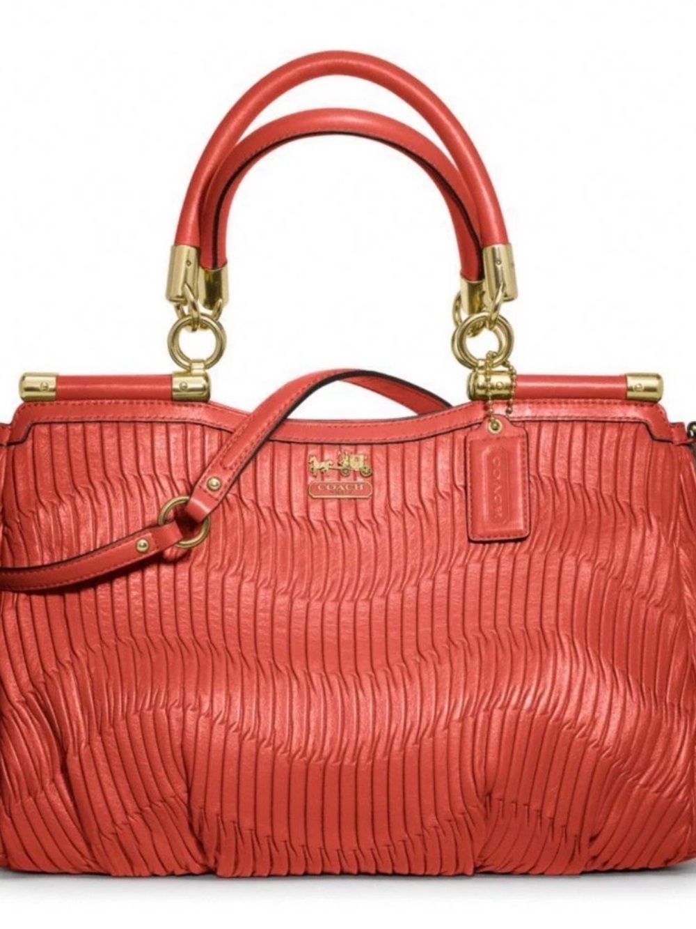 Coach Madison Carrie Gathered Leather Satchel Bag Coral